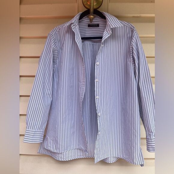 Lafayette 148 white w/blue narrow stripes, button down shirt, long sleeves, S/M - Picture 3 of 11